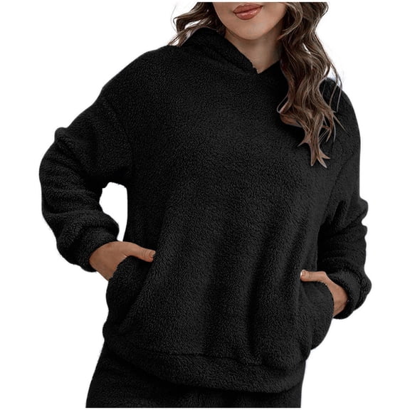 tarylea Hoodies for Women Plush Sweatshirt Solid Color Long Sleeve Pullover with Pocket Casual Loose Winter Warm Sleepwear Homewear Tops