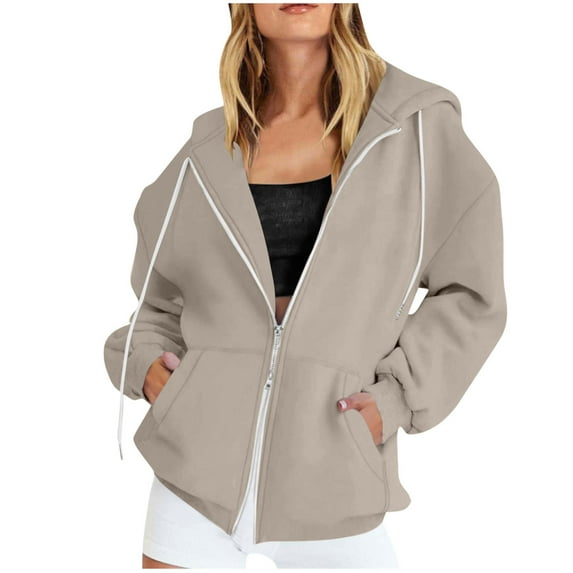 tarylea Hoodies for Women Two Way Zipper Drawstring Sweatshirts Long Sleeve Solid Color Jackets with Pockets Casual Loose Fall Athletic Tops