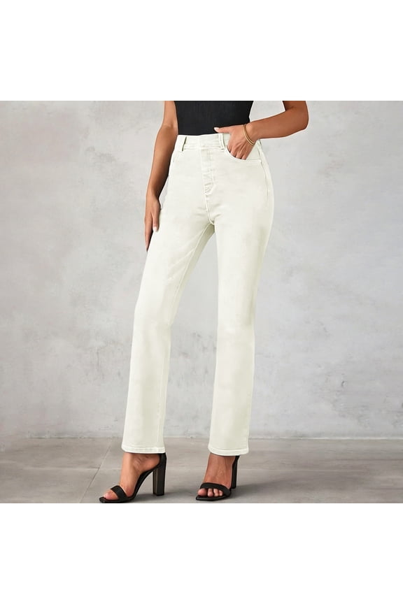 Jeans Pants for Women Flat Front Straight Leg High Waisted Denim Pants Casual Trendy Dailywear Trousers