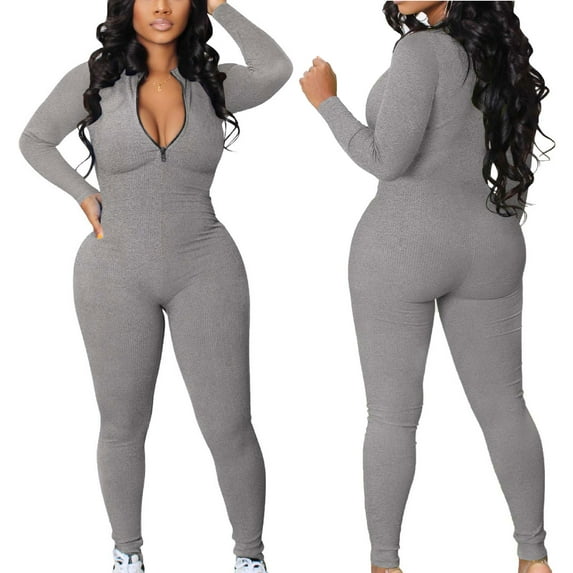 tarylea Jumpsuits for Women One Piece Long Sleeve Zip up Ribbed Romper Slim Fitted Solid Color Workout Bodysuit