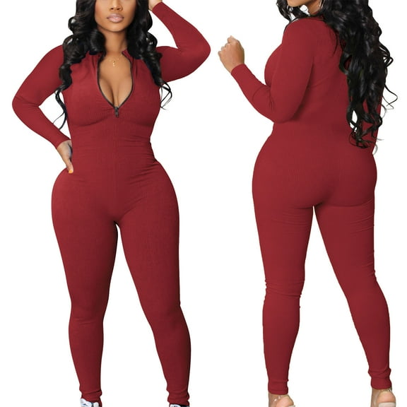 tarylea Jumpsuits for Women One Piece Long Sleeve Zip up Ribbed Romper Slim Fitted Solid Color Workout Bodysuit