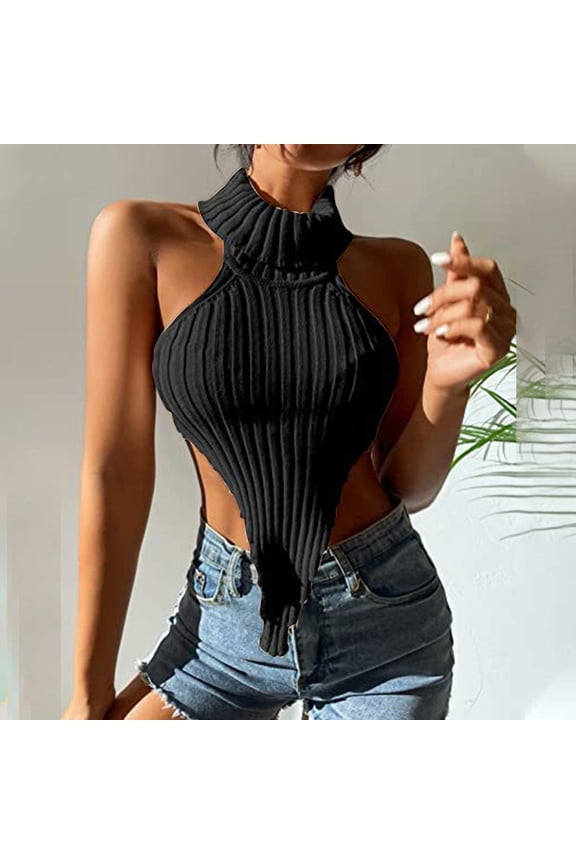 Knitted Going out Tank Tops for Women Sleeveless Turtleneck Open Back Irregular Hem Halter Tops Casual Summer Cute Blouse Tops
