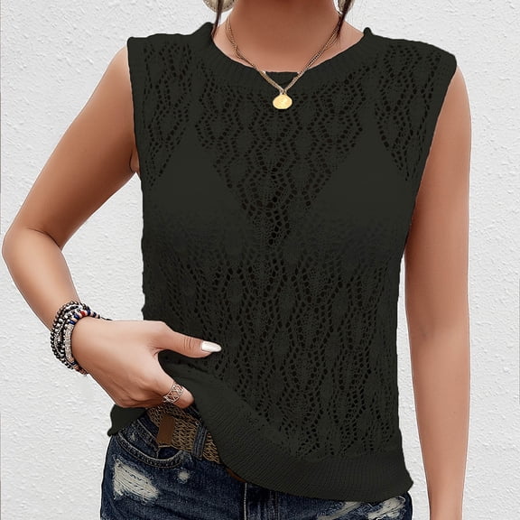 tarylea Knitted Tank Tops for Women Sleeveless Crew Neck Eyelet See-Through Tops Casual Comfy Summer Dressy Blouse