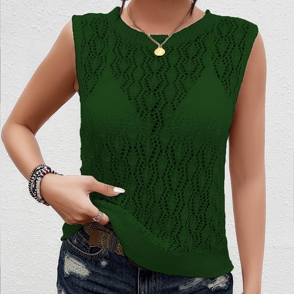 tarylea Knitted Tank Tops for Women Sleeveless Crew Neck Eyelet See-Through Tops Casual Comfy Summer Dressy Blouse