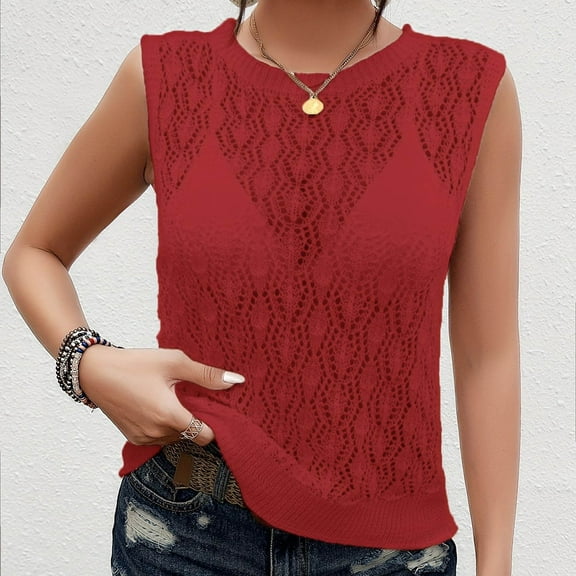 tarylea Knitted Tank Tops for Women Sleeveless Crew Neck Eyelet See-Through Tops Casual Comfy Summer Dressy Blouse