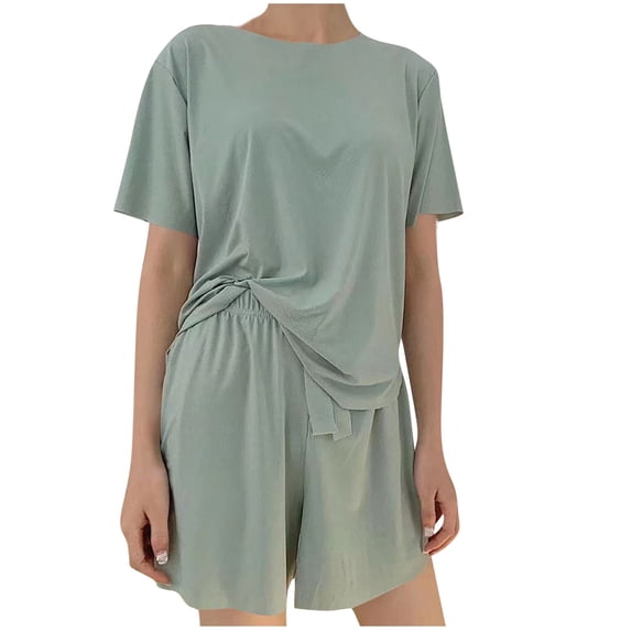 tarylea Lightweight Summer Pajamas 2 Piece Outfits Crew Neck Shorts Sleeve Tops Elastic Waist Shorts Solid Color Casual Loose Comfy Homewear Suits