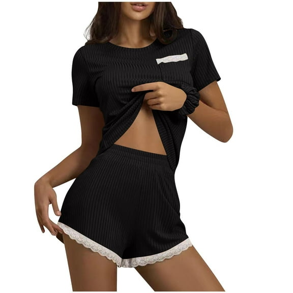 tarylea Lightweight Summer Pajamas Set Short Sleeve Crew Neck Tops High Rise Elastic Waist Shorts Lace Blocked Solid Color Sets Casual Dressy Sleepwear Suits