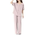 thumbnail image 1 of tarylea Lightweight Summer Pajamas Set for Women Scoop Neck Button down Tops Wide Leg Pants with Pockets Solid Color Casual Loose Comfy Homewear Lounge Suits, 1 of 8