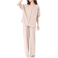 thumbnail image 1 of tarylea Lightweight Summer Pajamas Set for Women Scoop Neck Button down Tops Wide Leg Pants with Pockets Solid Color Casual Loose Comfy Homewear Lounge Suits, 1 of 8
