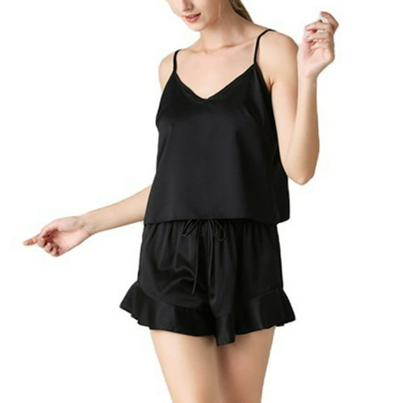 tarylea Lightweight Summer Pajamas Sets for Women Deep V Neck Spaghetti Strap Tank Top Drawstring Ruffled Shorts Casual Loose Comfy Sleepwear Homewear Outfit