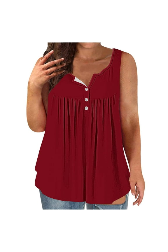 Long Tunic Tank for Women Quarter Button Scoop-Neck Pleated Front Loose Fitting Comfy Plus Size Sleeveless Blouses