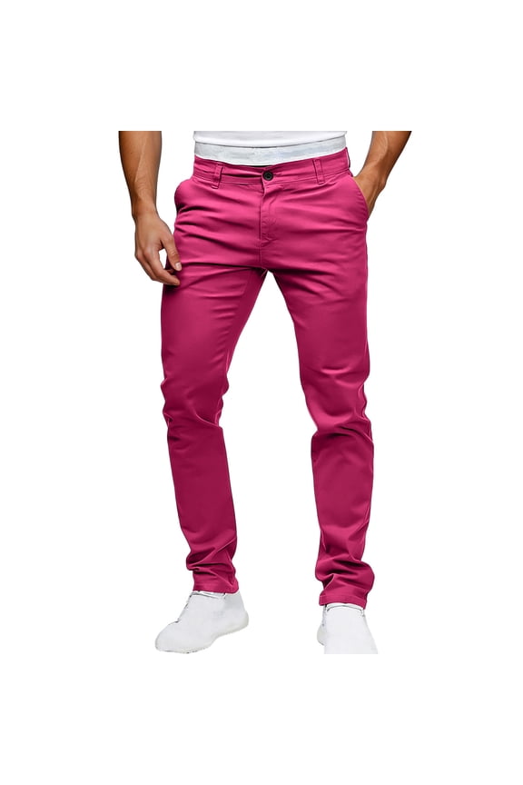 Men Pants Flat Front Mid Rise Straight Leg Fitted Trousers Casual Comfy Solid Color Basic Pants[M,Hot Pink]