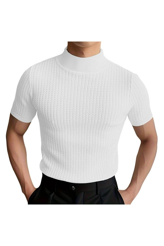 Men's Short Sleeve Shirts Half High Neck Solid Color Dressy Tops Fitted Casual Trendy Blouse Summer Comfy Dailywear Tops