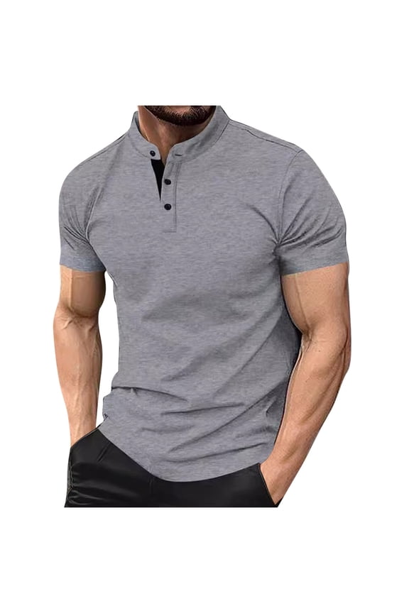 Men's T-Shirts Standing Neck Button Tops Short Sleeve Solid Color Shirts Casual Loose Summer Trendy Dailywear Tops