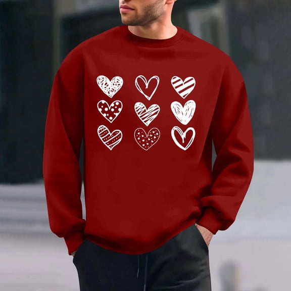 tarylea Mens Cute Heart Printed Sweatshirts Long Sleeve Crew Neck Pullover Casual Spring Loose Comfy Festival Tops