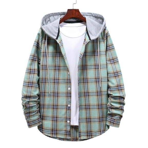 tarylea Mens Jackets Long Sleeve Plaid Button down Drawstring Curved Hem Hoodies Casual Loose Fall Dressy Tops