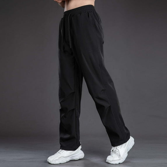 tarylea Mens Pants Straight Leg Elastic Waist Drawstring Open Bottom Trousers Casual Loose Dailywear Solid Color Pants