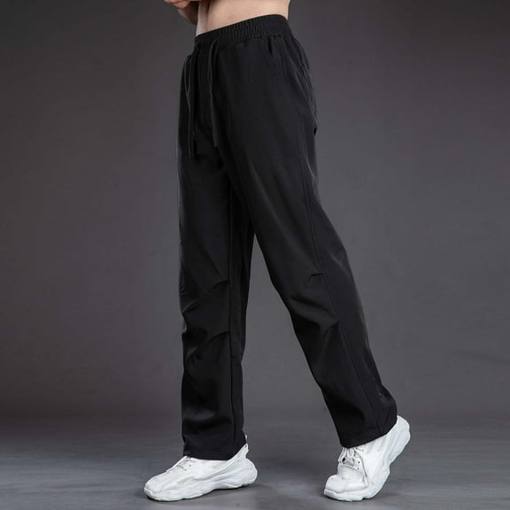 tarylea Mens Pants Straight Leg Elastic Waist Drawstring Open Bottom Trousers Casual Loose Dailywear Solid Color Pants