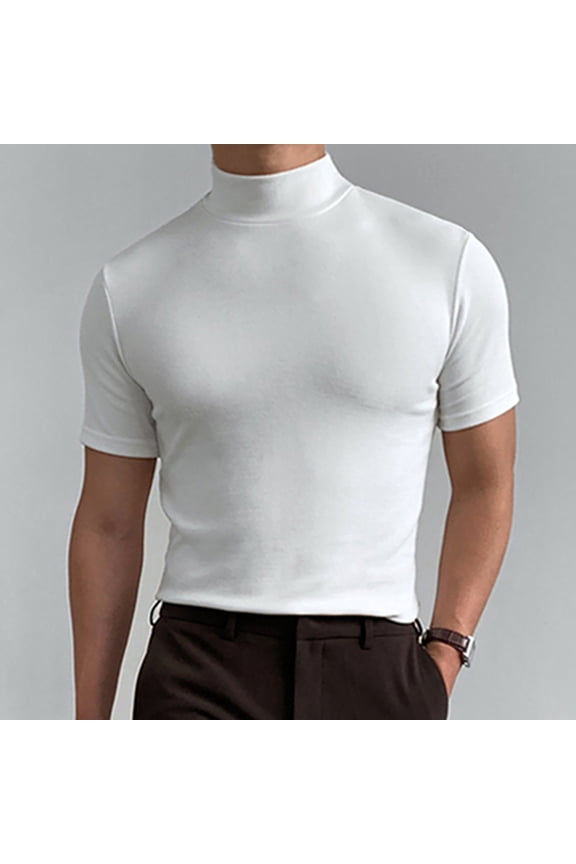 Mens Shirts Short Sleeve High Neck Slim Fitted T-Shirt Tops Casual Summer Stretch Comfy Solid Color Tees Tops