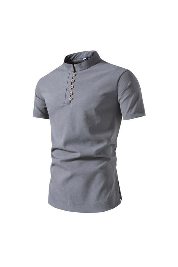 Mens Shirts Short Sleeve Standing Collar Slit Hem Button Tops Casual Comfy Summer Solid Color T-Shirts