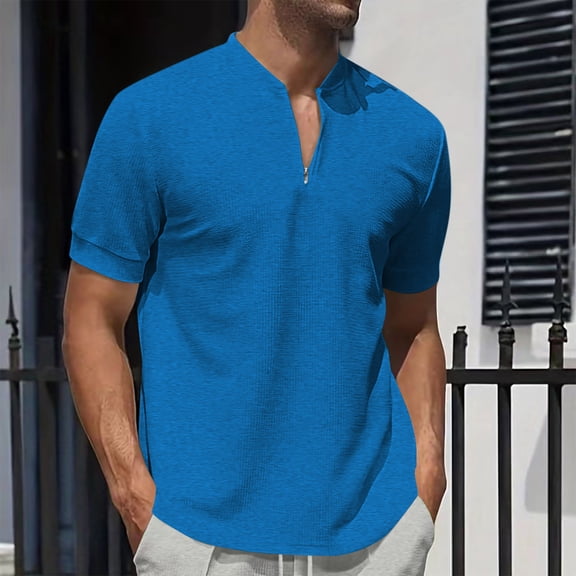 tarylea Mens T-Shirts Short Sleeve Notch Neck Zipper Tops Casual Loose Summer Solid Color Dressy Shirts
