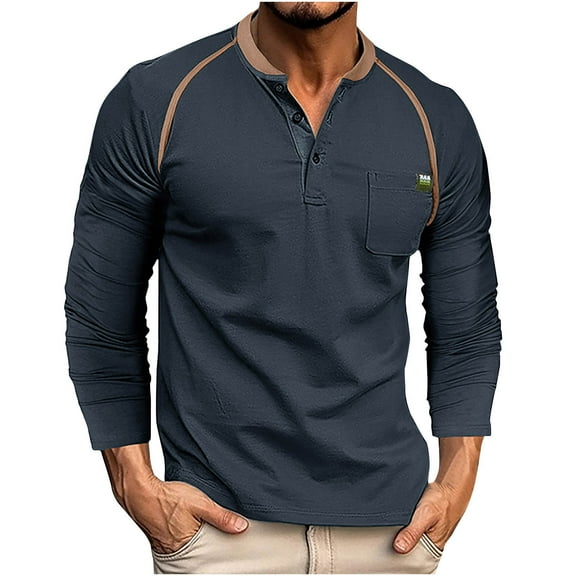 tarylea Mens Tops Long Sleeve Notch Neck Color Blocked Button Shirts with Pockets Casual Fitted Stretch Fall Tops