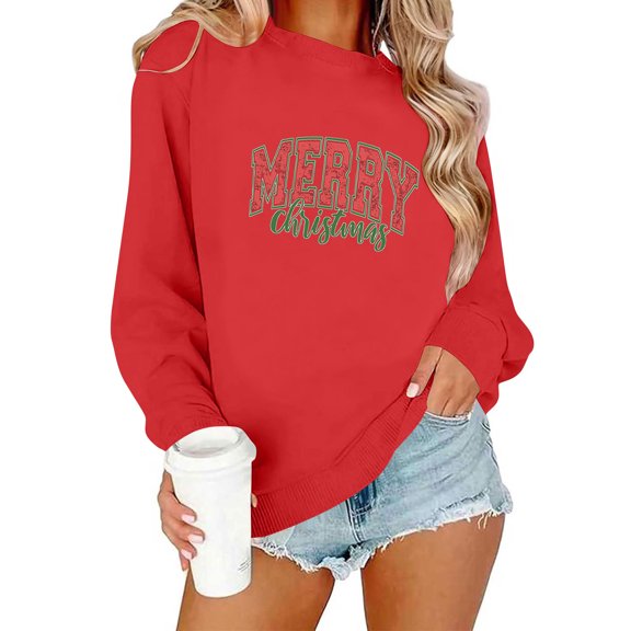 tarylea Merry Christmas Sweatshirts for Women Long Sleeve Crew Neck Pullover Tops Casual Loose Fall Festival Tops