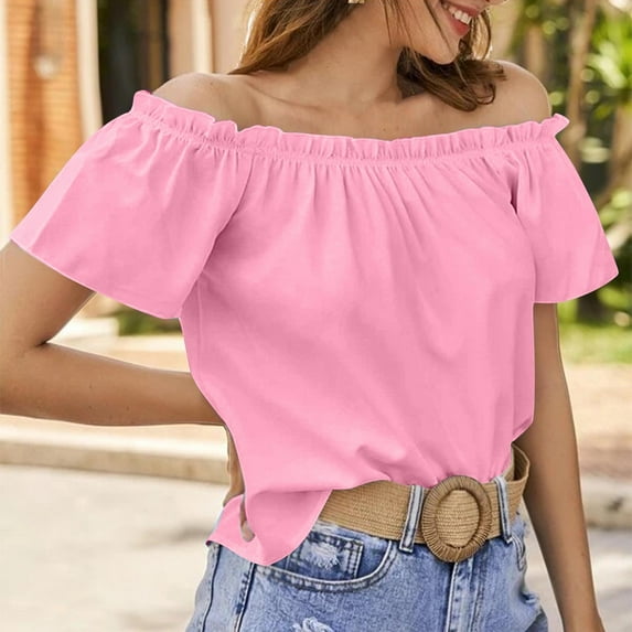 tarylea Off Shoulder Tops for Women Short Sleeve Ruffled Blouse Casual Loose Summer Solid Color Tops