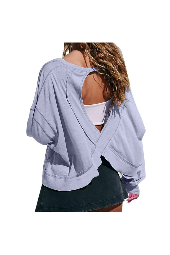 Oversized Sweatshirt for Women Backless Long Sleeve Shirts Open Back Cross Tee Top Blouse Crewneck Pullover Top