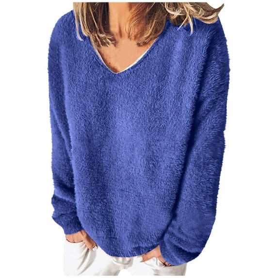 tarylea Oversized Tops for Women Fuzzy V Neck Tops Long Sleeve Solid Color Pullover Loose Comfy Homewear Casual Wear
