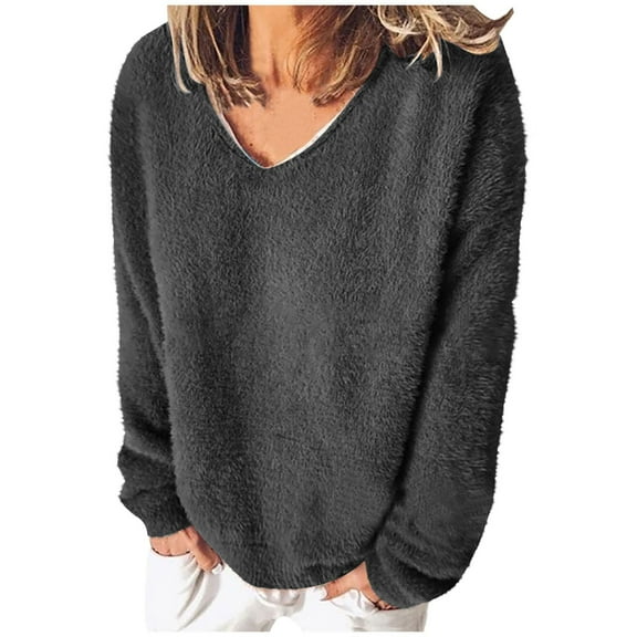 tarylea Oversized Tops for Women Fuzzy V Neck Tops Long Sleeve Solid Color Pullover Loose Comfy Homewear Casual Wear