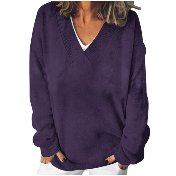 tarylea Oversized Tops for Women V Neck Ribbed Knitted Pullover Long Sleeve Solid Color Tops Casual Loose Shirts