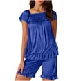 thumbnail image 1 of tarylea Pajamas Set for Women 2 Piece Square Neck Short Sleeve Shirts Elastic Waist Shorts Solid Color Satin Ruffled Dressy Summer Loungewear Suits, 1 of 4