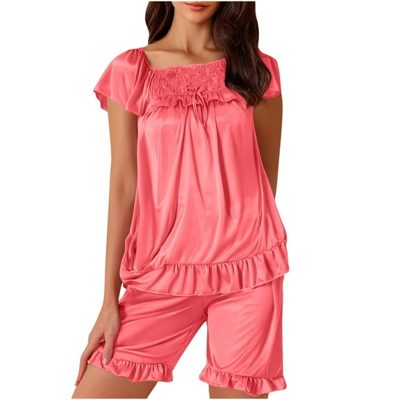 tarylea Pajamas Set for Women 2 Piece Square Neck Short Sleeve Shirts Elastic Waist Shorts Solid Color Satin Ruffled Dressy Summer Loungewear Suits