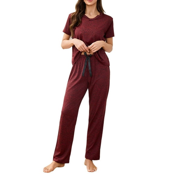 tarylea Pajamas Set for Women 2 Piece V Neck Short Sleeve Tops Elastic Waist Pants Solid Color Casual Loose Stretch Soft Summer Homewear Suits