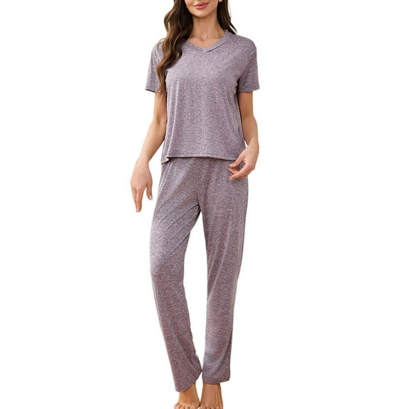 tarylea Pajamas Set for Women 2 Piece V Neck Short Sleeve Tops Elastic Waist Pants Solid Color Casual Loose Stretch Soft Summer Homewear Suits