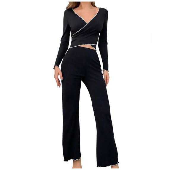 tarylea Pajamas Sets for Women Deep V Neck Cross Front Long Sleeve Tops High Rise Stretch Pants Solid Color Fitted Suits Casual Comfy Homewear Fall Loungewear