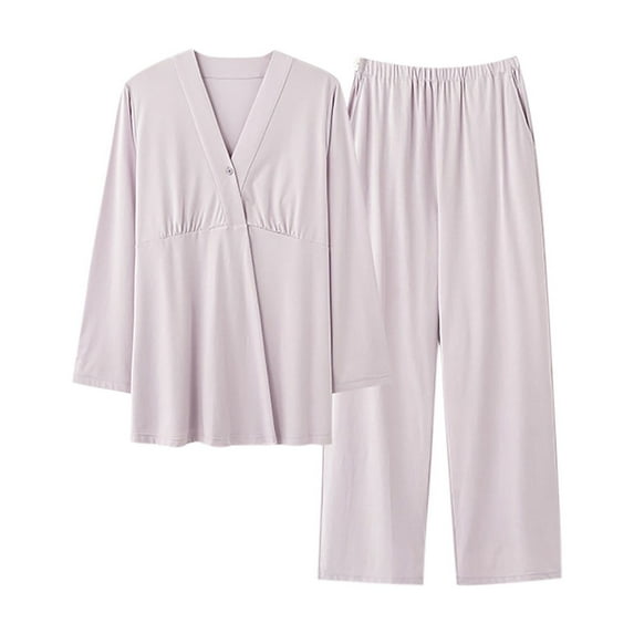 tarylea Pajamas Sets for Women V Neck Built in Bra Long Sleeve Tops Elastic Waist Wide Leg Pants Solid Color Comfy Suits Casual Loose Homewear Lounge Sets