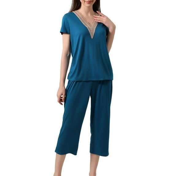 tarylea Pajamas Sets for Women V Neck Short Sleeve Tops Wide Leg Elastic Waist Capri Pants Solid Color Trendy Suits Casual Loose Comfy Lounge Sets