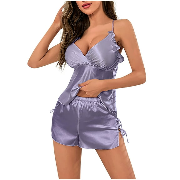 tarylea Pajamas for Women Set Deep V Neck Spaghetti Strap Ruffled Camisole Tie Side Elastic Waist Shorts Solid Color Casual Cute Summer Sleepwear Suits