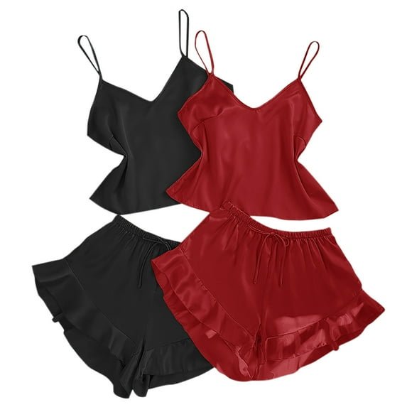 tarylea Pajamas for Women Set V Neck Spaghetti Strap Tank Top Drawstring Elastic Waist Ruffled Hem Shorts Solid Color Suits Casual Loose Cute Summer Lounge Set