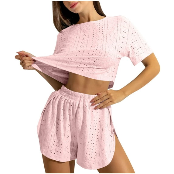 tarylea Pajamas for Women Set Crew Neck Short Sleeve Tops Split Hem Elastic Waist Shorts Solid Color Eyelet Suits Casual Summer Dressy Homewear Suits