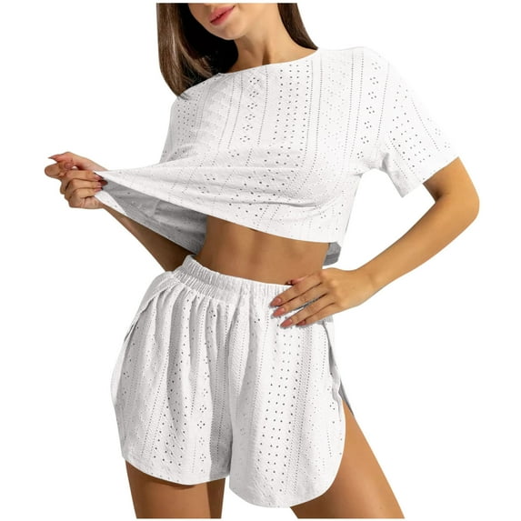 tarylea Pajamas for Women Set Crew Neck Short Sleeve Tops Split Hem Elastic Waist Shorts Solid Color Eyelet Suits Casual Summer Dressy Homewear Suits
