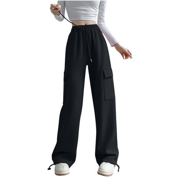 tarylea Pants for Women Casual Elastic Waist Cargo Pants with Pockets Fleece Lined Solid Color Pants Loose Workout Pants