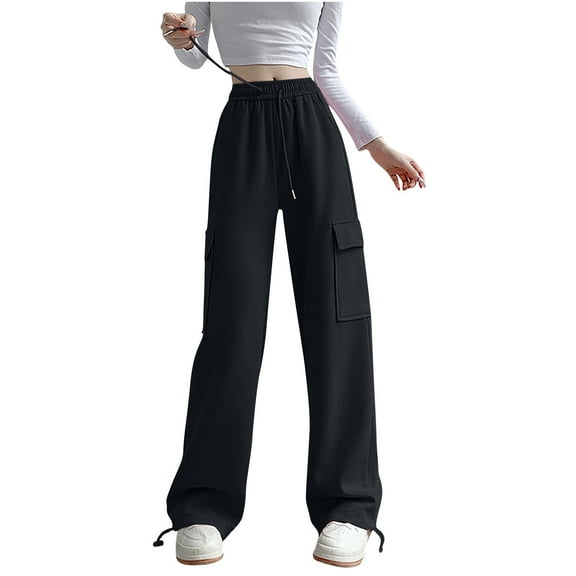 tarylea Pants for Women Casual Elastic Waist Cargo Pants with Pockets Fleece Lined Solid Color Pants Loose Workout Pants