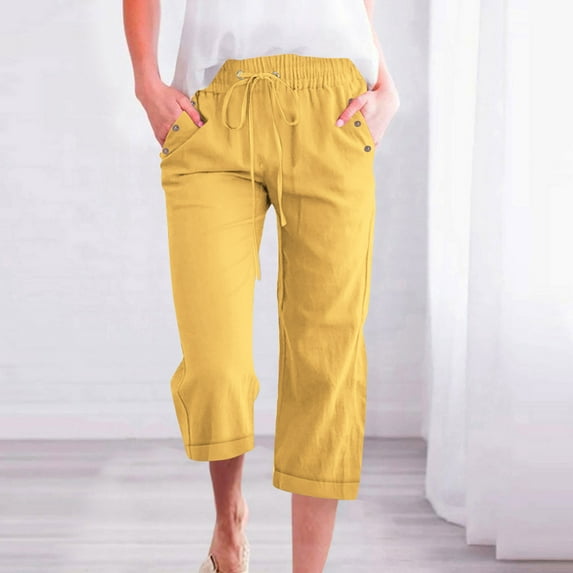 tarylea Plus Size Capri Pants for Women Cotton Linen Drawstring Elastic Waist Trousers Solid Color Loose Pants Casual Breathable Comfy Pants
