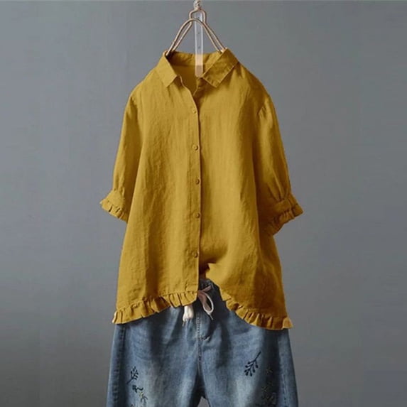 tarylea Plus Size Cotton Linen Tops for Women 3/4 Sleeve Button down Ruffled Lapel Shirts Casual Summer Lightweight Breathable Tops