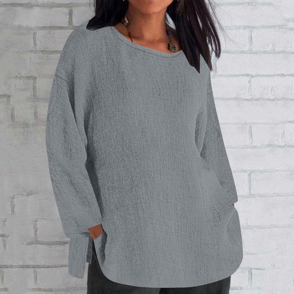 tarylea Plus Size Cotton Linen Tops for Women Long Sleeve Crew Neck Oversized Shirts Casual Lightweight Breathable Summer Tops