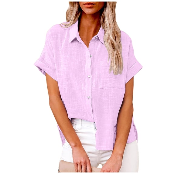 tarylea Plus Size Cotton Linen Tops for Women Short Sleeve Button down Lapel Shirts Casual Summer Lightweight Comfy Tops