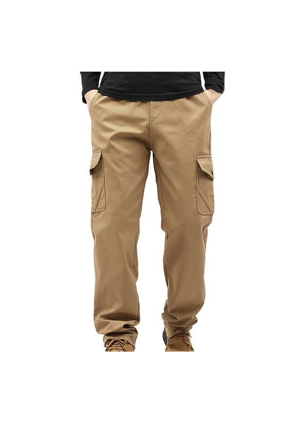 Plus Size Fleece Lined Cargo Pants for Men Elastic Waist Drawstring Trousers with Multi Pockets Casual Warm Outdoor Pants